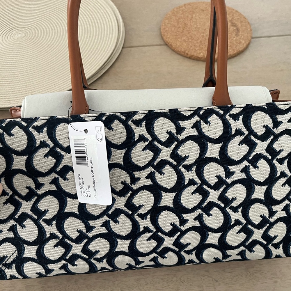 GUESS Navy and White Signature Tote with Tan Handles - Picture 2 of 4